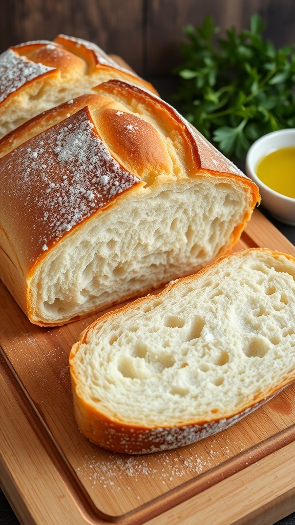 Artisan bread loaf with a crispy crust, sliced to show soft interior, on a wooden board with herbs and olive oil.